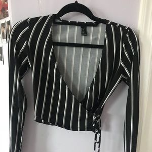Black Striped Mock Wrap-Around Top